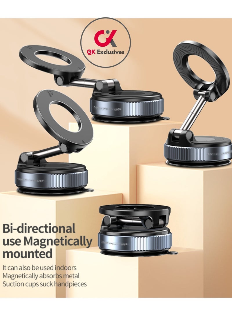 QK Exclusives Car Phone Holder - 360° Adjustable Car Phone Mount - Rotatable and Foldable with strong Vacuum Suction and Magnetic Ring, for Car and Other Smooth Surface - Image 1